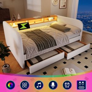 Lit rembourr&eacute; double 140x190 cm Canap&eacute;-lit Lit capitonn&eacute; en lin avec &eacute;clairage LED ports USB 2 tiroirs et sommier &agrave; lattes - beige