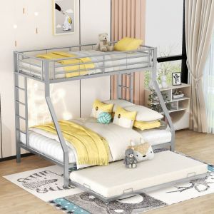 Lit superposé 3 places en métal gris - lit 2 personnes 140x200cm - lit 90x200cm - lit gigogne 90x200cm - sans matelas