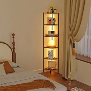 &Eacute;tag&egrave;re d&rsquo;Angle PIPIPOXERBiblioth&egrave;que dangle avec lumi&egrave;re LED&Eacute;tag&egrave;re de Rangement &agrave; 6 Niveaux30x30x172cmBois