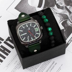 SHARPHY Coffret montre homme + bracelet perl&eacute; - quartz nouveau vert bracelet en cuir mode simple cadran rectangulaire cadeau