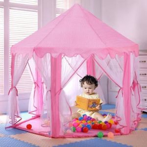 Tente de Jeu pour Enfants Ch&acirc;teau Portable Maison de Jeu pour Enfants Hexagone Princesse  Tente de Jeu Int&eacute;rieur 140x140x135cm
