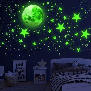 Lot de 1108 étoiles et lune phosphorescentes stickers muraux pour plafond déco pour chambre denfant bleu ciel