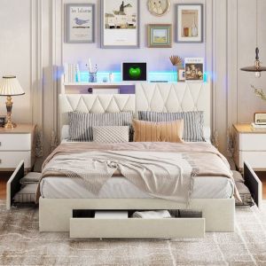 Lit tiroir 140x190cmLit adulte 140x190cmLit double 140x190cm3 Tiroirs+USB+Rangement t&ecirc;te de lit-LEDVeloursBlanc