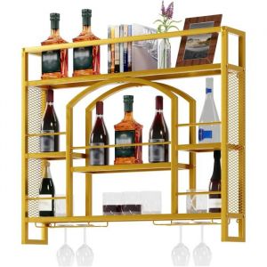 GOOBUY Porte Bouteille Mural 100cm Casier &agrave; Vin en M&eacute;tal Porte-Verre &agrave; Vin avec Lumi&egrave;re LED Style Industriel 100x15x81cm Dor&eacute;