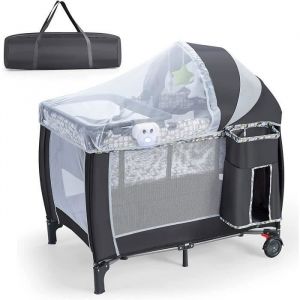 GOPLUS Lit Parapluie pour Bébé Pliable à roulettes avec Table à Langer et MatelasLit de Voyage Bébé avec Jouets et Sac de