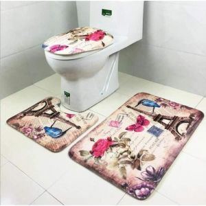 Tapis de Bain 3 Pi&egrave;ces EnsembleTapis Contour antid&eacute;rapant+Housse dabattant WC+U Tapis de BainOiseau De La Tour Eiffel[6212]
