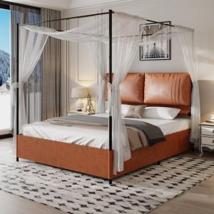 Lit baldaquin contemporain 140 x 200 cm cadre m&eacute;tal & PU marron &mdash; 4 sommiers r&eacute;versibles 2 places