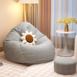 Pouf poire g&eacute;ant tissu lin avec remplissage fauteuil repose-pieds poche housse lavable salon adulte ado Label