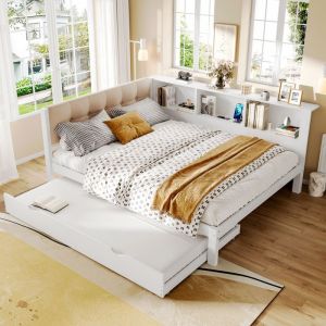 Lit banquette gigogne 140x200/90x190 cm avec LED t&ecirc;te de lit capitonn&eacute;e 3 &eacute;tag&egrave;res sans matelas pin blanc