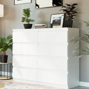 Commode 8 tiroirs - 120x40x98cm - Meuble de chambre - Commode large style scandinave - Meuble de rangement - Blanc