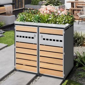 Cache Poubelles de Jardin pour 2 poubelles Parterre de fleurs ouvert Porte Verrouillable M&eacute;tal Gris + Bois