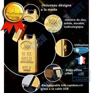 INN® TD® Briquet arc électrique rechargeable USB couleur dorée lingot or coupe-vent cadeau homme double arc électrique briquet cigar