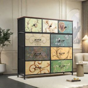 Buffet de salon Buffet bahut moderne Panneaux de particules Cadre en métal Commode avec 9 tiroirs Grand casier 100x30x100 cm