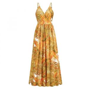 Robe Femme Boheme Bretelles Longue Col V Robe Imprim&eacute; Ete de Plage Sans Manches Confortable - Jaune