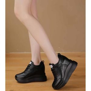 Baskets à Semelle Compensée pour Femme Chaussure Plateforme en Cuir Véritable Talon de 10 cm Chaussures de marche à la mode