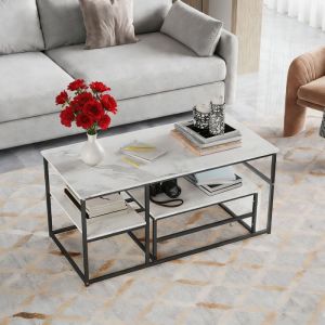 Table Basse Salon avec Rangement - Cadre M&eacute;tallique Robuste - Coins Arrondis S&eacute;curit&eacute; -Supporte 50kg -105x52x48.5cm -Noir