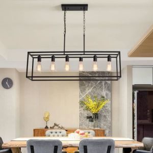 Lustre rectangulaire - GANEED - Modèle 6 lumières - Métal noir - E27 - Dimmable