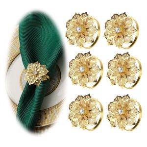 Rond de Serviette - Maison - Fleur - Acier Inoxydable - Plaqué Or - 6 pièces