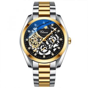 SHARPHY Montre homme mécanique automatique cadran squelette diamants chronographe affichage des phases de lune noir étanche