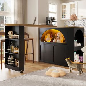 Table de Bar Extensible avec Espace de Rangement Table a Manger Mobile avec LED et Rotation &agrave; 360&deg; 135-205&times;39&times;100cm Noir