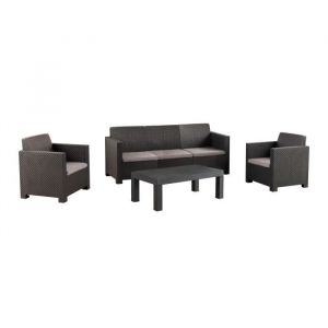 Salon de jardin ext&eacute;rieur 5 places en r&eacute;sine tress&eacute;e (1 table basse + 1 canap&eacute; 3 places + 2 fauteuils)