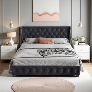 Lit Double 180x200 avec Sommier - Lit Coffre Hydraulique Velours Gris Anthracite - Mécanisme Silencieux Rangement XXL Design Luxe