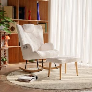 Fauteuil &agrave; Bascule Scandinave Rocking Chair avec Repose-Pieds et Poches sur le c&ocirc;t&eacute; Fauteuil Chaise &agrave; BasculeTissu BeigeSalon