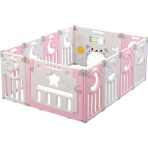 Parc Bébé en Plastique 10 + 2 Panneaux d’Activité et Porte Barrière Sécurité Enfant Pliable - rose