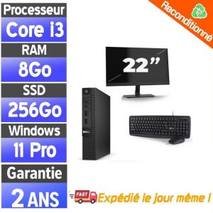 Mini PC Dell 3020 + &Eacute;cran 22 &ndash; i3 4160T &ndash; SSD &ndash; 8Go RAM &ndash; Win 11 Pro &ndash; Bureautique