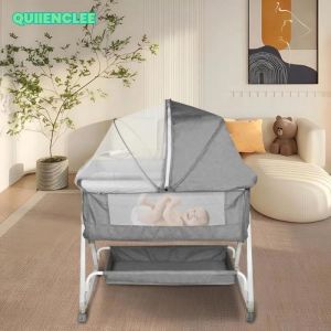 95*50*98-110cm Couffin pliant à roulettes 2-en-1 avec table dallaitement - Lit de bébé - Gris lin-QUIIENCLEE