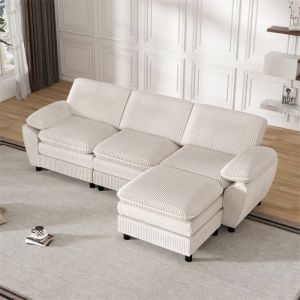 Canapé 3 Places avec Coussins - Canapé dangle Convertible avec Pouf Démodable - Canape Velours Cotele - Canape Modulable Blanc