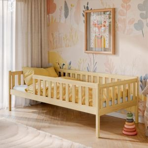 Lit enfant 80x180 cm - Avec sommier et barrière de lit - Lit simple - Structure en bois de pin - Naturel