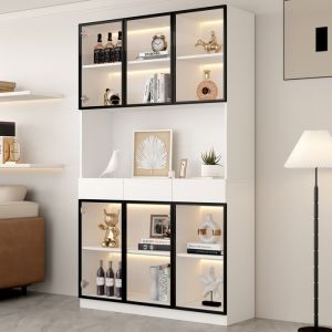 Vitrine armoire blanc 120x36x200cm Buffet haut bois Meuble de rangement avec lumi&egrave;re LED 3 tiroir 6 portes pour salon cuisine