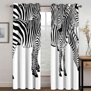 135x240cm-Lot De 2 Rideaux Occultants - 3D Noir Et Blanc Animal Z&egrave;bre Motif - Opaque Avec &OElig;illets - Double Rideaux Occultant