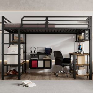 O.Ye Lit mezzanine120x 200 cmLit en fer aavec bureau et rangement sommier à lattes robustenoir et foncé . multic LIT MEZZANINE