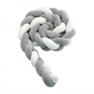 Tour de lit b&eacute;b&eacute; 3 tissus velours gris/blanc 4M pare-choc coussin serpent tress&eacute; p&eacute;pini&egrave;re Label