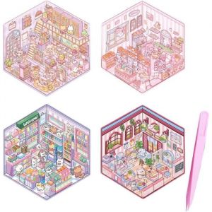 4 Sets DIY 3D House StickersFun DIY Stickers Scene Make Your Own Mini Room ScenesSupermarket Coffee Shop Restaurant Bookstore