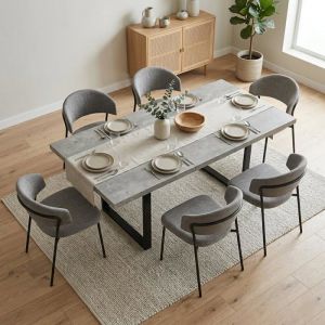 JEIXI Ensemble table de salle &agrave; manger extensible et 6 chaises avec plateau en MDF effet b&eacute;ton gris et chaises en lin 130-170 cm