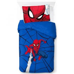 Housse de Couette 140x200 Spiderman  Enfant 1 Personne Parure de lit avec 2 Taies doreiller 65x65 3D Motif Imprimé Bleu