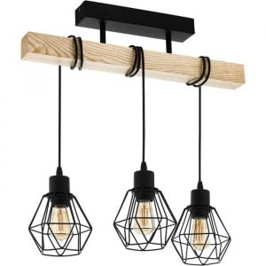 Suspension Luminaire - YYV - Lustre 3 Lampes - Design Vintage-Industriel - Acier Noir/Bois - E27