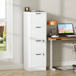 Caisson bureau meuble rangement bois 4 tiroirs et serrure barres de suspension r&eacute;glables 40 x 40 x 131 cm blanc