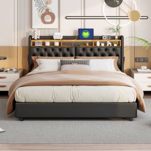 Lit Coffre Capitonn&eacute; 180x200 avec LED Lit Adulte avec USB Lit Double Lit Rembourr&eacute; Cadre de lit avec Rangement Lit Deux Places PU