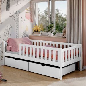 Lit enfant 80x180 cm - 2 tiroirs - Lit avec rangement - Sommier inclus - Lit simple en bois massif - Structure de lit - Blanc