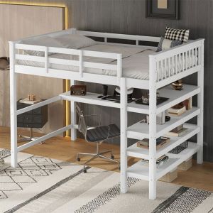 Lit Mezzanine 140×200 avec Bureau Lit Mezzanine 2 PlacesLit en Hauteur pour Enfant Adulte AdoÉtagèresRangementPinBlanc