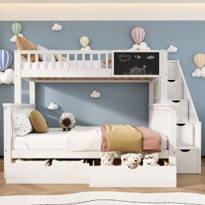 Lit superposé 90x200 et 140x200 cm avec planche et tiroirslit enfant multifonctionnel lit triple tiroirs de rangement descalier