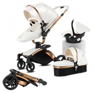 Poussette 3 en 1 Magic ZC Poussette Pousette trio 3 en 1 Pousette Cuir PU Rotation &agrave; 360&deg; Avec Grand panier 0-3 ans Max 15kg Blanc