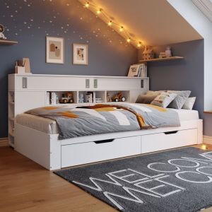 Lit Enfant 140x190 cm Lit Simple en MDF avec Armoire &Eacute;tag&egrave;re et Tiroirs de Rangement - Sans Matelas - Blanc