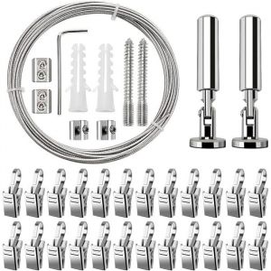 5m Tringle à rideaux Kit avec 24 Pièces Acier Inoxydable An Crochets Câble en Acier pour Rideau pour Accrocher Photos Images