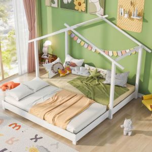Lit Cabane Enfant 90/180x190cm Bois Massif Blanc - Convertible Lit Sol + Sommier Lattes - Fille/garçon - Sans Matelas
