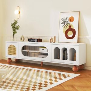 Meuble TV avec Portes en rotin porte en rotin Porte coulissante en verre Blanc